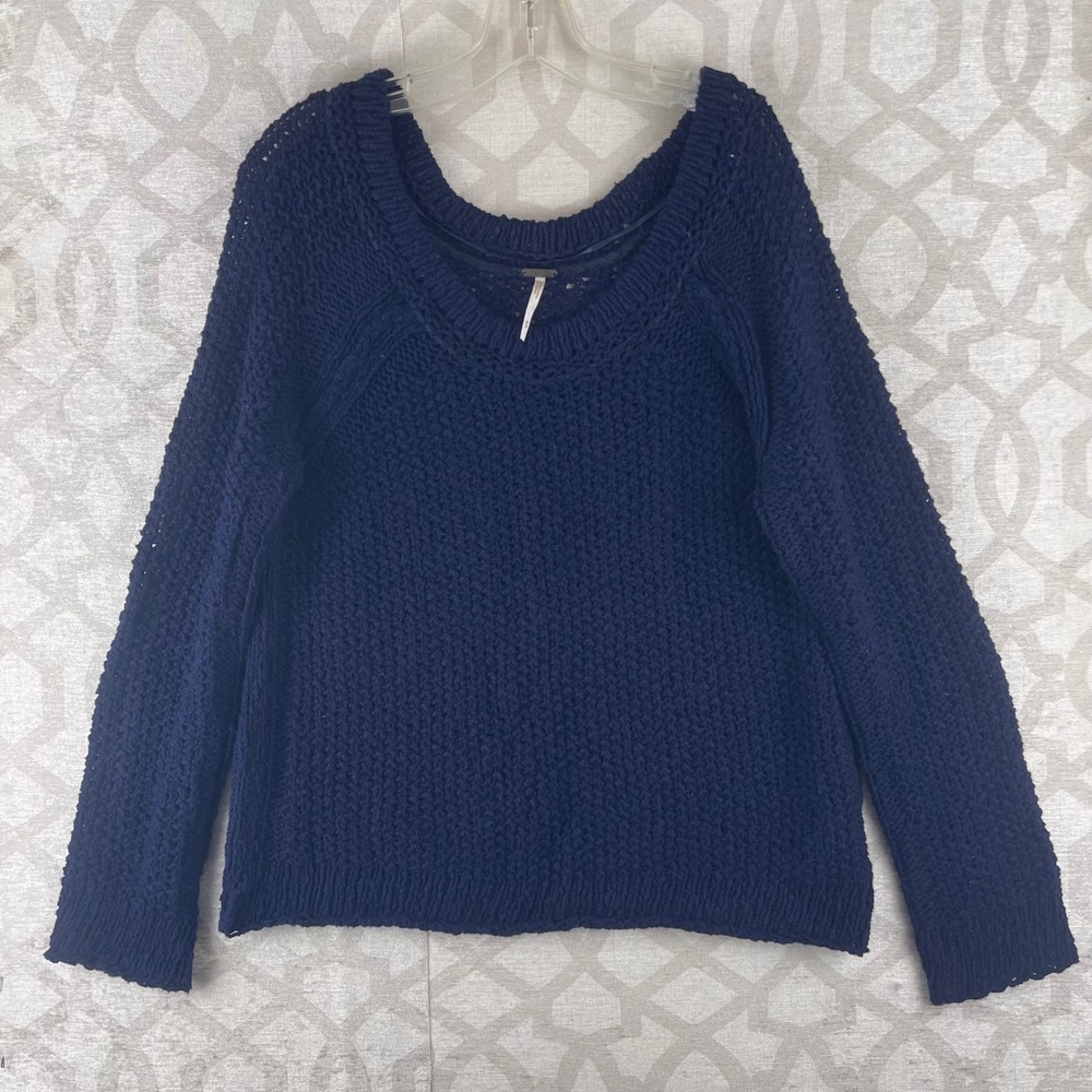 Free People Chunky Knit Women M Navy Blue Scoop Neck‎ Cotton Sweater